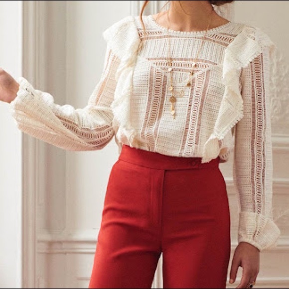 Sezane Tops - Sezane Line Cotton Crochet Lace Ruffle Long Sleeve Blouse in Cream White